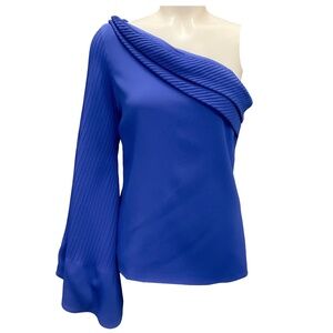 BRANDON MAXWELL BLUE ONE SHOULDER CREPE BLOUSE